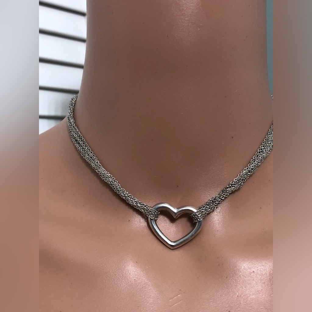 Sterling Silver 925 Multi Strands Chain Heart Choker Necklace Toggle Clasp